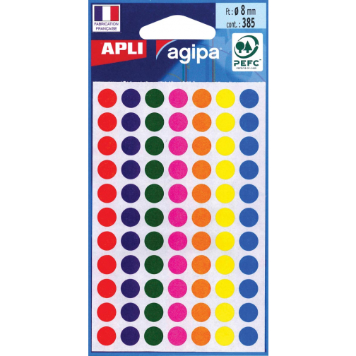 Agipa étiquettes ronds en pochette diamètre 8 mm, couleurs assorties, 385 pièces, 77 par feuille