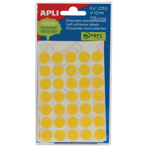 Apli étiquettes rondes en pochette diamètre 13 mm, jaune, 175 pièces, 35 par feuille (2055)