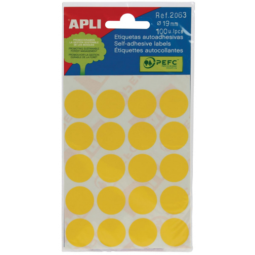 Apli étiquettes rondes en pochette diamètre 19 mm, jaune, 100 pièces, 20 par feuille (2063)
