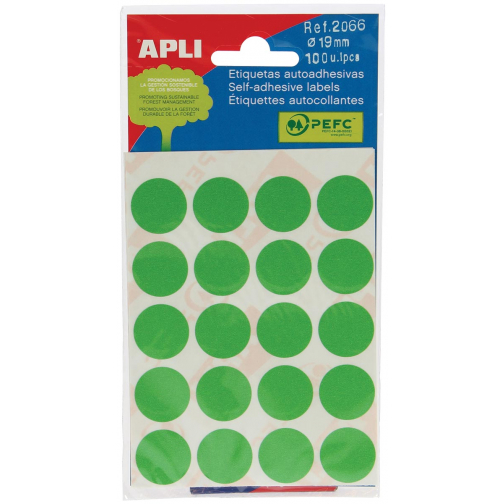 Apli étiquettes rondes en pochette diamètre 19 mm, vert, 100 pièces, 20 par feuille (2066)