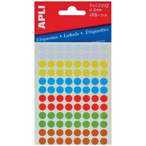 Apli étiquettes rondes en pochette diamètre 8 mm, couleurs assorties, 288 pièces, 96 par feuille (2092)