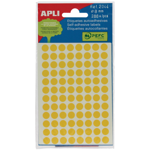 Apli étiquettes rondes en pochette diamètre 8 mm, jaune, 288 pièces, 96 par feuille (2044)