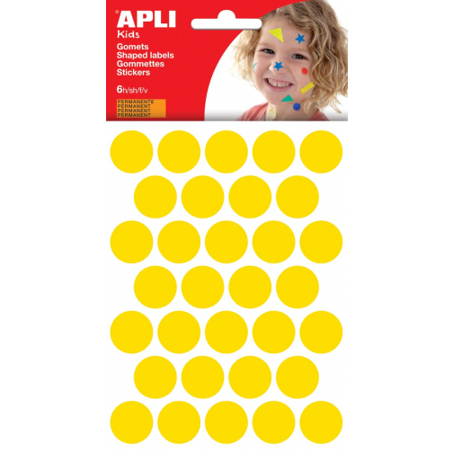 Apli Kids gommettes, cercle diamètre 20 mm, pochette de 180 pièces, jaune