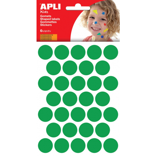 Apli Kids gommettes, cercle diamètre 20 mm, pochette de 180 pièces, vert