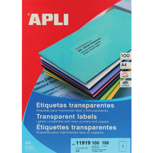 Apli Etiquettes transparentes ft 210 x 297 mm (l x h), 100 pièces, 1 par feuille, boîte de 100 feuilles
