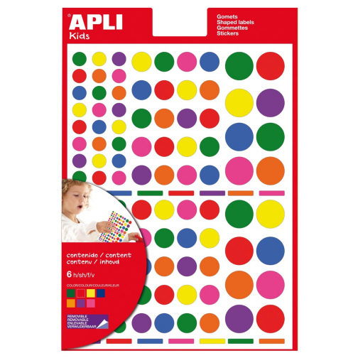 Apli Kids gommettes enlevables, cercle, blister de 624 pièces en couleurs et formats assortis