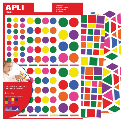 Apli Kids gommettes enlevables, formes, couleurs et formats assortis, pochette de 664 pièces