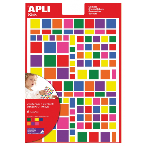 Apli Kids gommettes enlevables, carré, blister de 756 pièces en couleurs et formats assortis