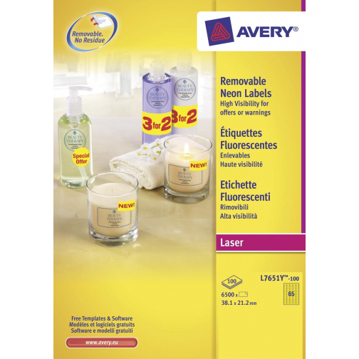 Avery étiquettes néon amovibles ft 38,1 x 21,2 mm (l x h), boîte de 100 feuilles, 6500 pièces, jaune néon