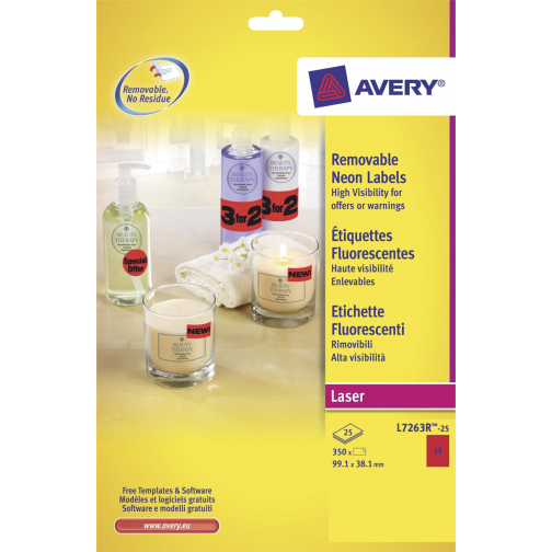 Avery étiquettes néon amovibles ft 99,1 x 38,1 mm (l x h), boîte de 25 feuilles, 350 pièces, rouge néon