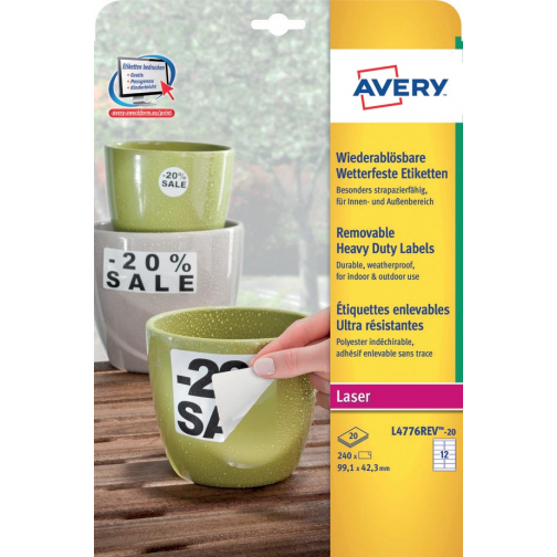 Avery étiquettes enlevables résistantes à l'humidité Ft 99,1 x 42,3 mm (l x h), blanc boîte de 240 pièces