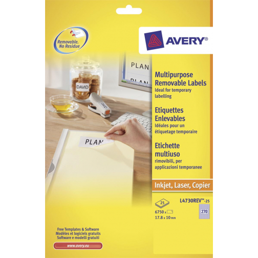 Avery L4730REV-25 étiquettes enlevables ft 17,8 x 10 mm (b x h), 6.750 étiquettes, blanc