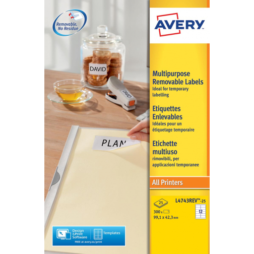 Avery L4743REV-25 étiquettes enlevables ft 99,1 x 42,5 mm (b x h), 300 étiquettes, blanc