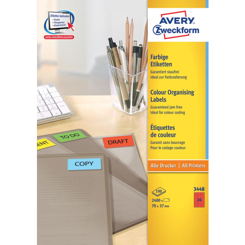 Avery Etiquettes ILC ft 70 x 37 mm (l x h), 2400 étiquettes par boîte, 24 par feuille, couleur: rouge
