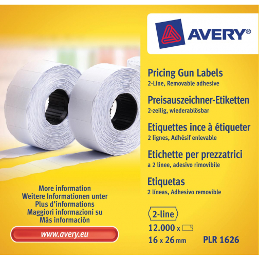 Avery PLR1626 étiquettes pour étiqueteuse, non-permanent, ft 26 x 16, 12 000 étiquettes, blanc