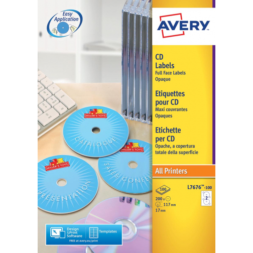 Avery L7676-100 étiquettes pour CD, diamètre 117 mm, 200 étiquettes, blanc