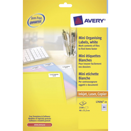 Avery étiquettes mini ft 46 x 11,1 mm (l x h), 2.100 pièces, 84 par feuille, boîte de 25 feuilles