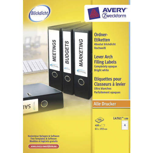 Avery Zweckform L4761-100 étiquettes pour classeurs à levier ft 19,2 x 6,1 cm (b x h), 400 étiquettes, bl