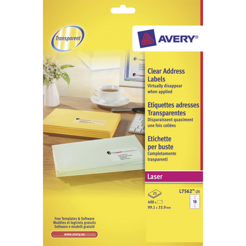 Avery étiquettes transparentes QuickPEEL ft 99,1 x 33,9 mm (l x h), 400 pièces, 16 par feuille