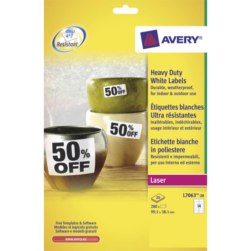 Avery Etiquettes blanches ultra-résistantes ft 99,1 x 38,1 mm (l x h), 280 pièces, 14 par feuille