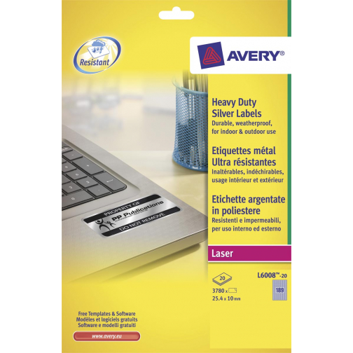 Avery étiquettes ultra résistantes argentées ft 24,5 x 10 mm (l x h), 3.780 pièces, 189 par feuille