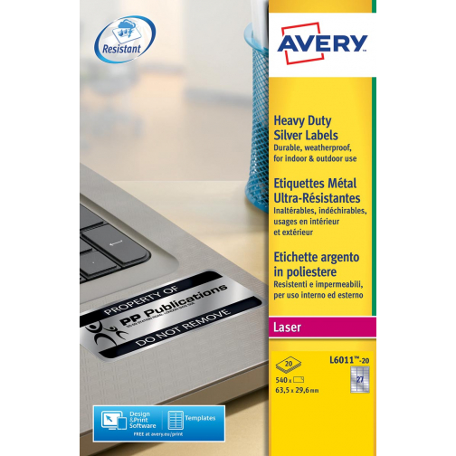 Avery L6011-20 étiquettes ultra résistantes ft 63,5 x 29,6 mm (b x h), 540 étiquettes, argent