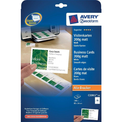 Avery cartes de visite 200 g/m², Ft 85 x 54 mm (10 par feuille), boîte de 10 feuilles