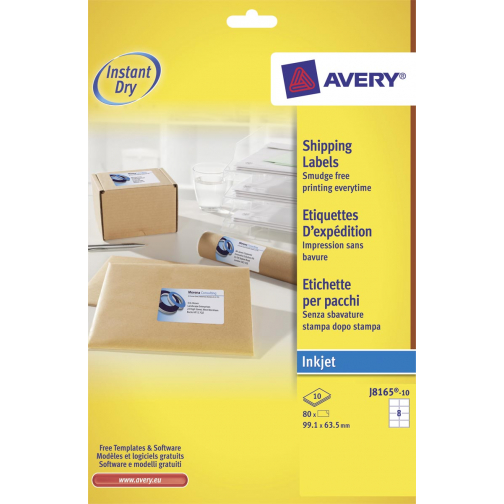 Avery Etiquettes blanches jet d'encre QuickDry boîte de 10 feuilles ft 99,1 x 67,7 mm (l x h), 80 pièces