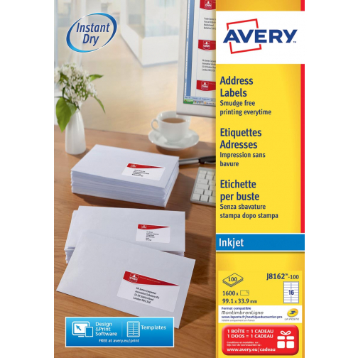 Avery étiquettes blanches QuickDry ft 99,1 x 33,9 mm (l x h), 1.600 pièces, 16 par feuille