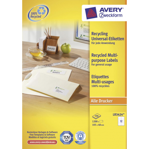 Avery étiquettes blanches universelles recyclées ft 105 x 48 mm (l x h), 1.200 pièces, 12 par feuille