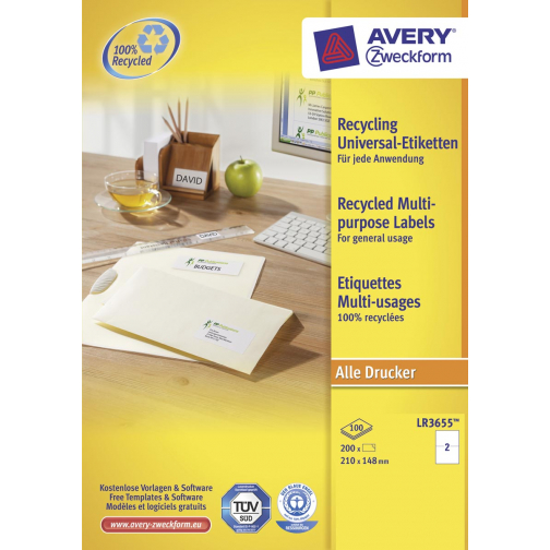 Avery étiquettes blanches universelles recyclées ft 210 x 148 mm (l x h), 200 pièces, 2 par feuille