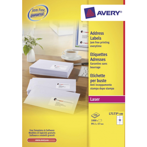 Avery L7173, Etiquettes d'expédition, Laser, Ultragrip, blanches, 100 pages, 10 per page, 99,1 x 57 mm