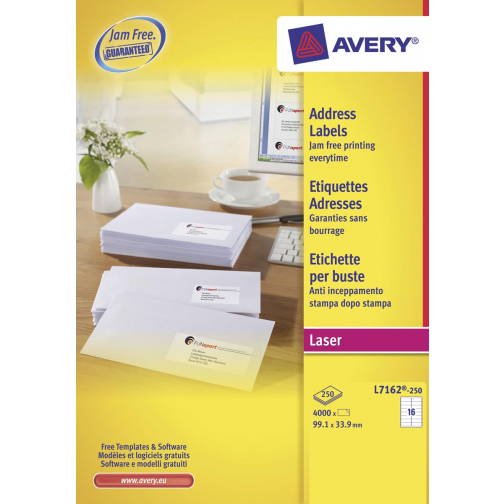 Avery L7162, Etiquettes adresses, Laser, Ultragrip, blanches, 250 pages, 16 per page, 99,1 x 33,9 mm