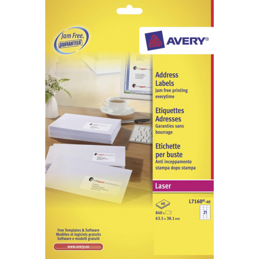 Avery L7160, Etiquettes adresses, Laser, Ultragrip, blanches, 40 pages, 21 per page, 63,5 x 38,1 mm