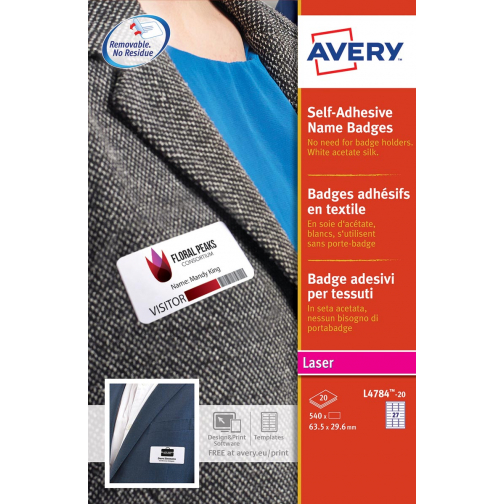AVERY Badge autocollant, ft 63,5 x 29,6 mm, boîte de 540 pièces, blanc