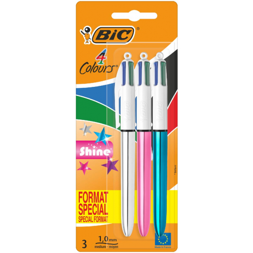 Bic 4 Colours Shine stylo bille 4 couleurs, medium, 4 couleurs d'encre classique, blister de 3 pièces