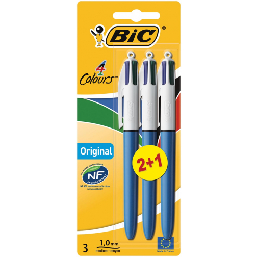 Bic 4 Colours Original, stylo bille, 0,32 mm, 4 couleurs d'encre classique, bleu, sous blister 2+1 gratui