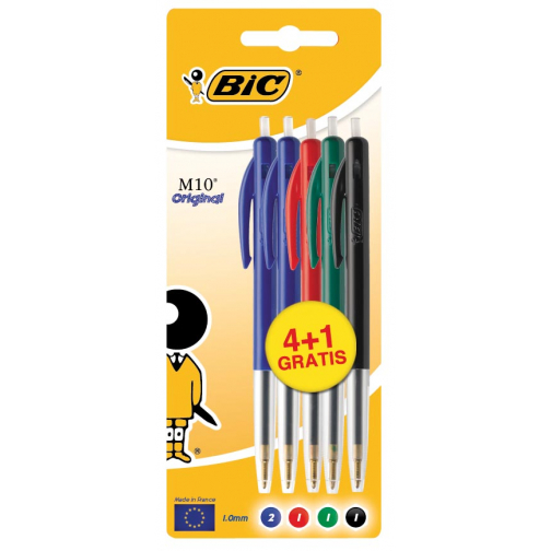 Bic stylo bille M10, blister 4 + 1 gratuit en couleurs assorties