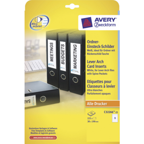 Zweck Cartes bristols pr dos de classeur, étroites ft 3 x 19 cm, dos de 4 cm, 225 pièces