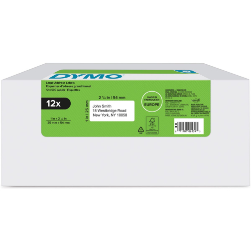 Dymo étiquettes LabelWriter, ft 25 x 54 mm, blanc, boîte de 12 x 500 étiquettes