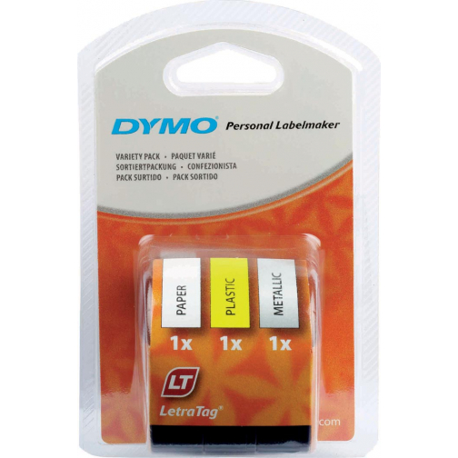 Dymo LetraTAG ruban 12 mm, set 3 ruban: 1 x papier blanc, 1 x plastique jaune et 1 x metallic argent