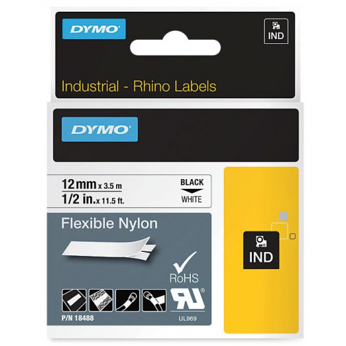Dymo RHINO ruban flexible nylon 12 mm, noir sur blanc