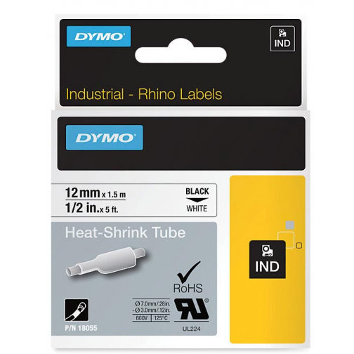 Dymo RHINO tube de thermo-rétraction 12 mm, noir sur blanc