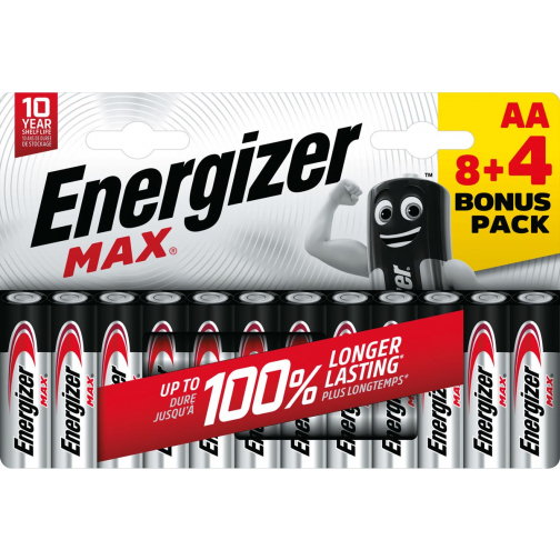 Energizer piles Max AA, blister de 8 pièces + 4 pièces gratuites