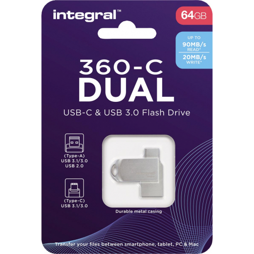 Integral 360-C Dual clé USB-C & USB 3.0, 64 Go