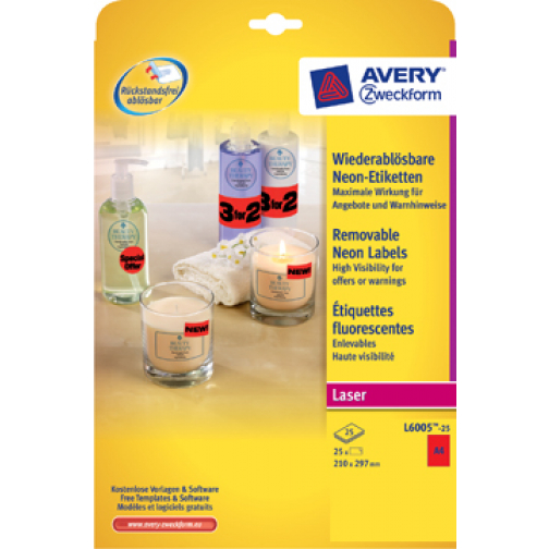 Avery étiquettes néon amovibles ft 210 x 297 mm (l x h), boîte de 25 feuilles, 25 pièces, rouge néon
