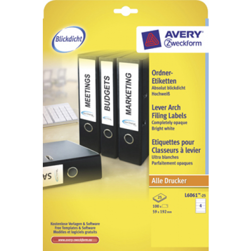 Avery Zweckform L6061-25 étiquettes pour classeurs à levier ft 19,2 x 5,9 cm (lxh), 120 étiquettes, blanc