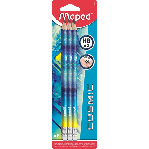 Maped crayon Cosmic Teens, avec gomme, couleurs assorties, blister de 6 pièces