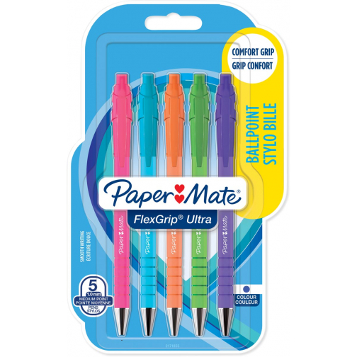 Paper Mate stylo bille Flexgrip Ultra RT Brights, moyenne, encre bleu, blister de 5 pièces, assorti
