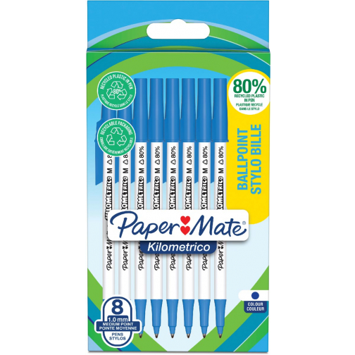 Paper Mate stylo bille Kilometrico, M, blister de 8 pièces, bleu